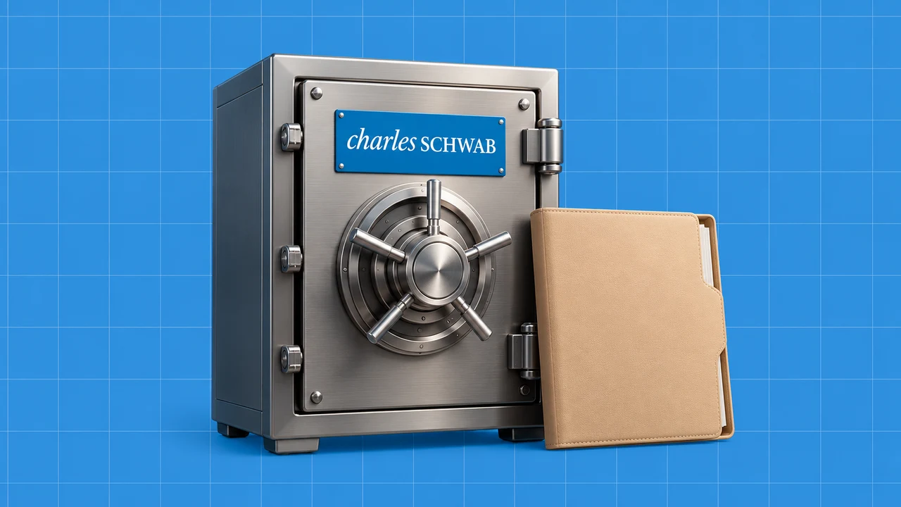 Cofre com o logótipo Charles Schwab e dossiê de investimento sobre fundo azul quadriculado.