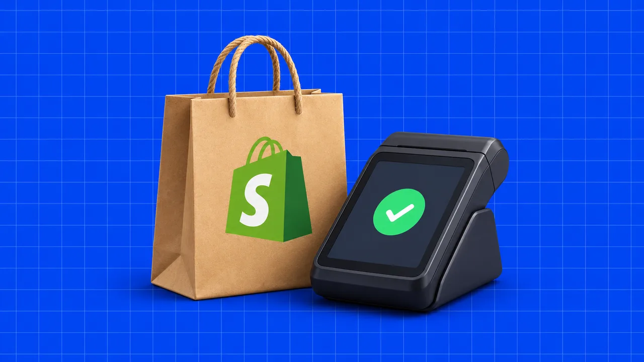 Saco com o logótipo da Shopify e terminal de compras, numa ilustração editorial 3D sobre grelha azul.