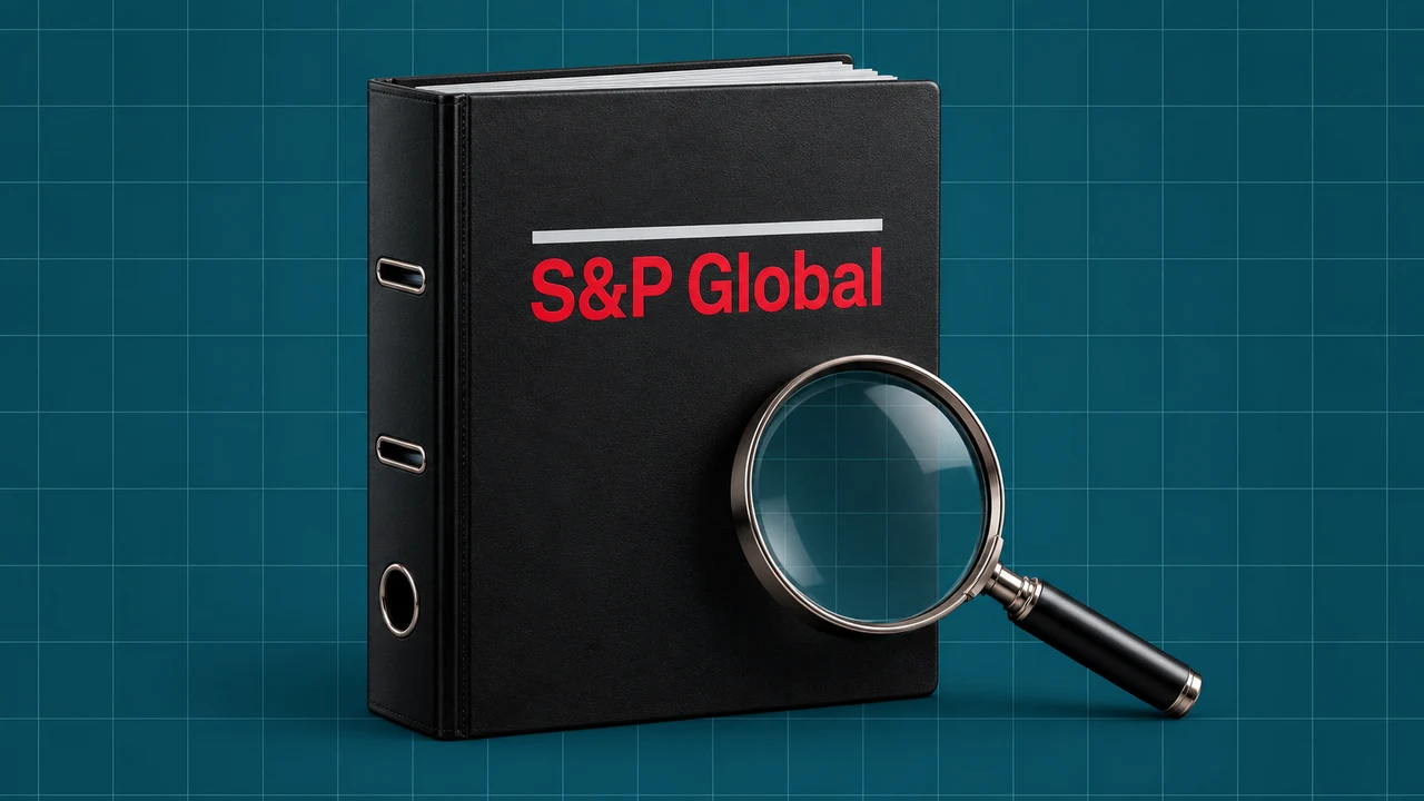 Dossiê de análise com o logótipo S&P Global e lupa sobre fundo verde azulado quadriculado.