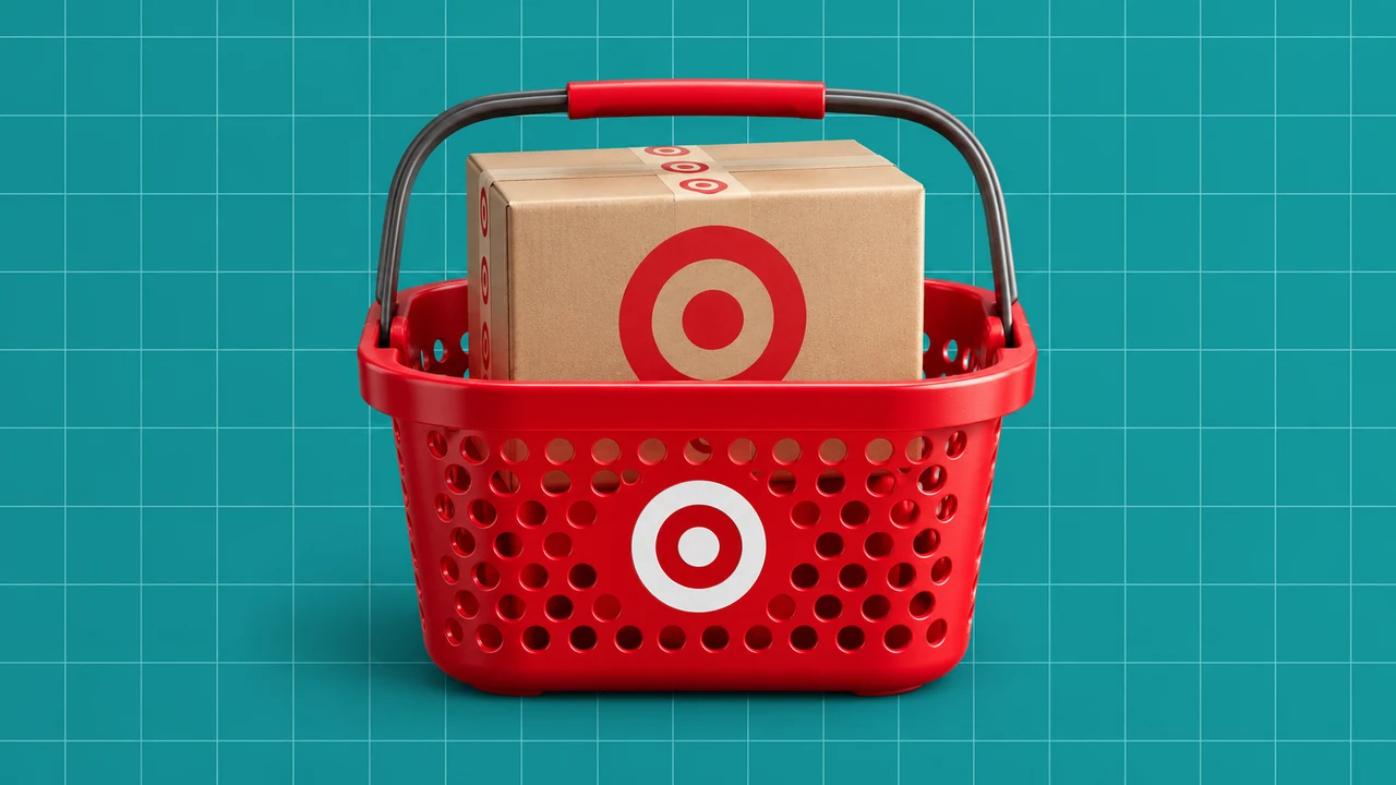 Cesto e caixa com o logótipo da Target, numa ilustração editorial 3D sobre grelha teal.