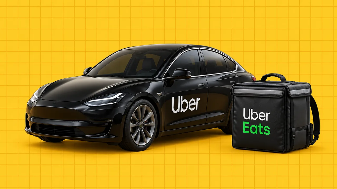 Automóvel com o logótipo da Uber e saco de entregas Uber Eats, numa ilustração editorial 3D sobre grelha amarela.