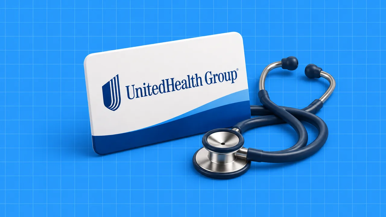 Cartão com o logótipo da UnitedHealth Group e estetoscópio, numa ilustração editorial 3D sobre grelha azul.