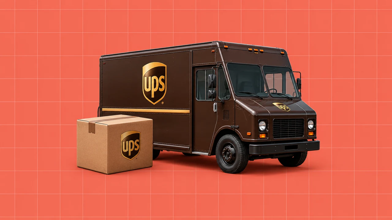 Camião e encomenda com o logótipo da UPS, numa ilustração editorial 3D sobre grelha coral.
