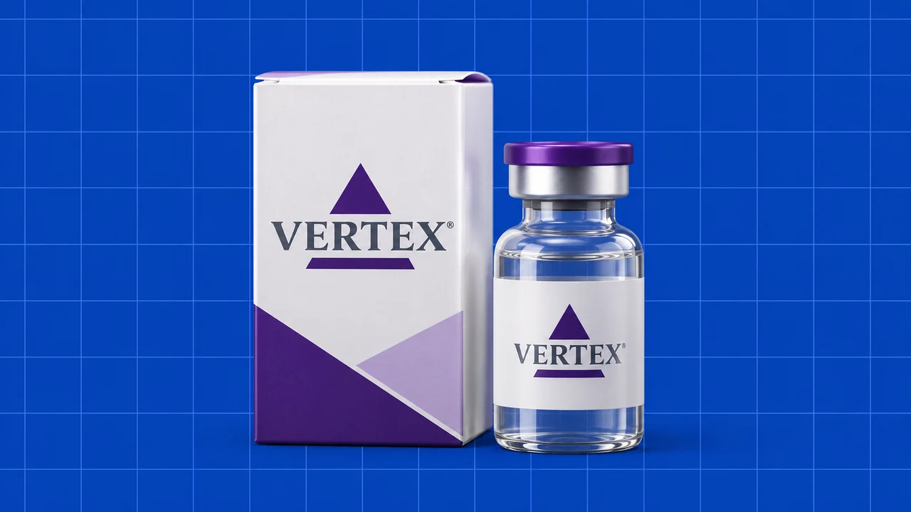 Embalagem e frasco de medicamento com o logótipo Vertex sobre fundo azul quadriculado.