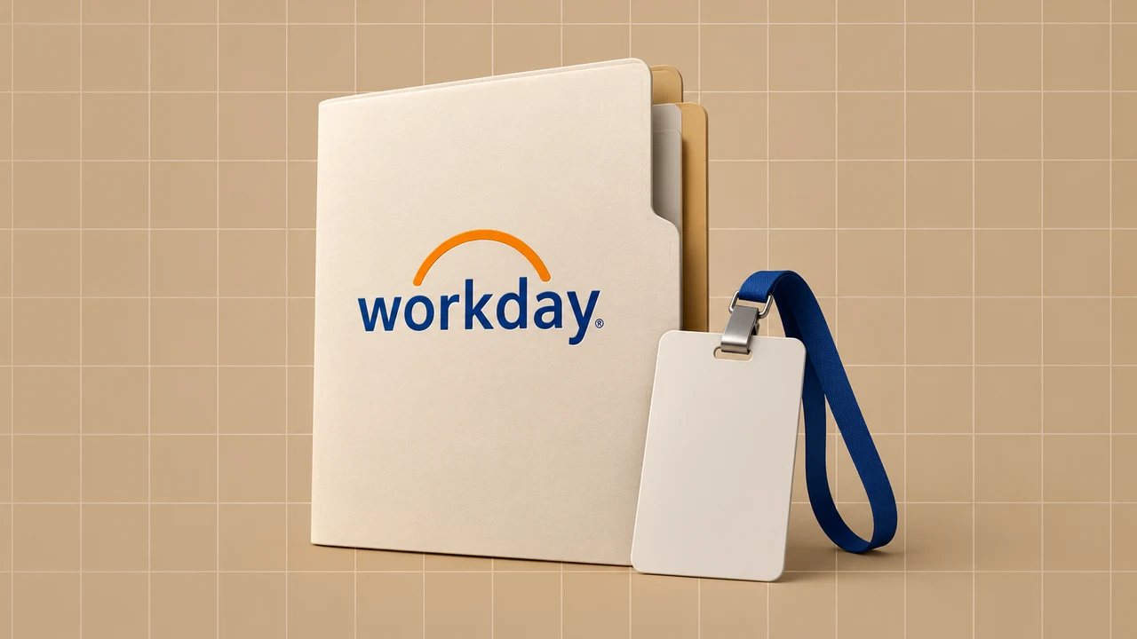 Dossiê de recursos humanos com o logótipo Workday sobre fundo bege quadriculado.