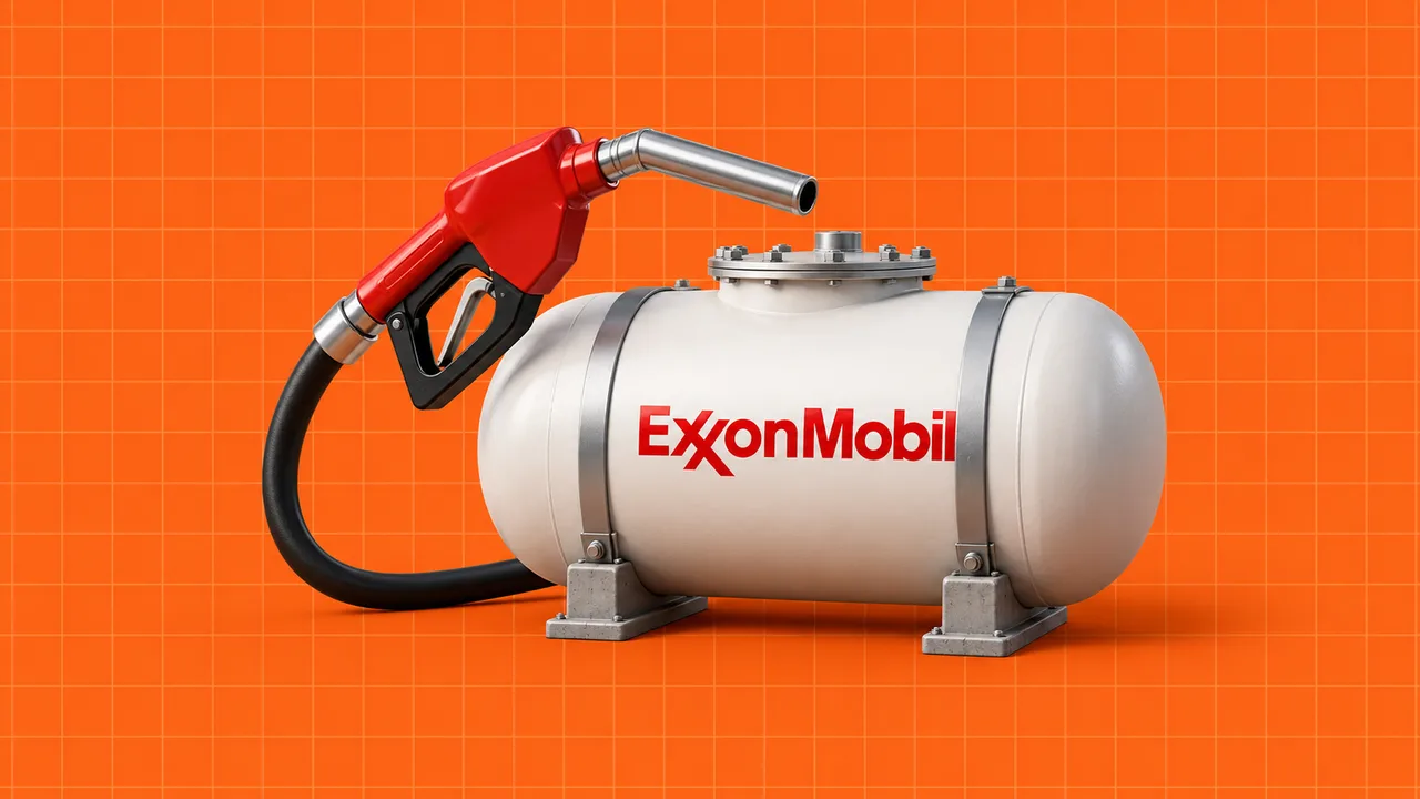 Depósito com o logótipo da ExxonMobil e bocal de combustível, numa ilustração editorial 3D sobre grelha laranja.