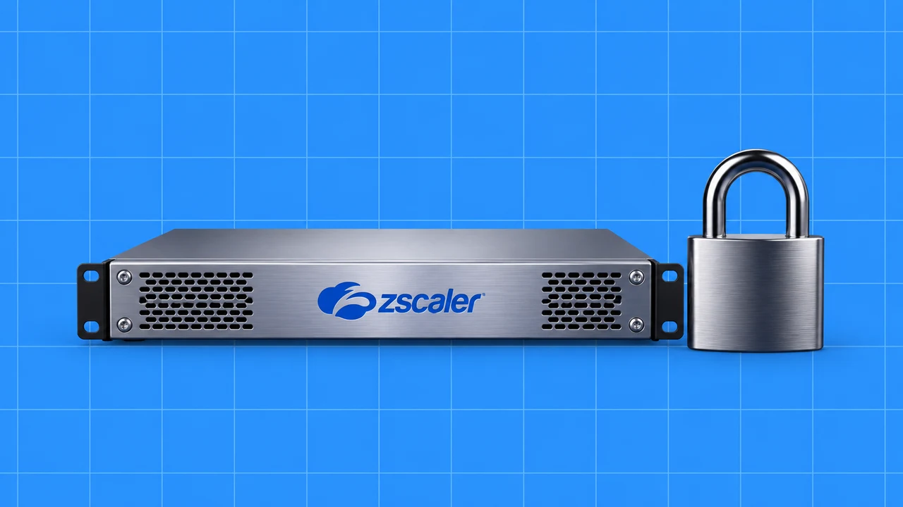 Equipamento de acesso seguro com o logótipo Zscaler e cadeado sobre fundo azul quadriculado.