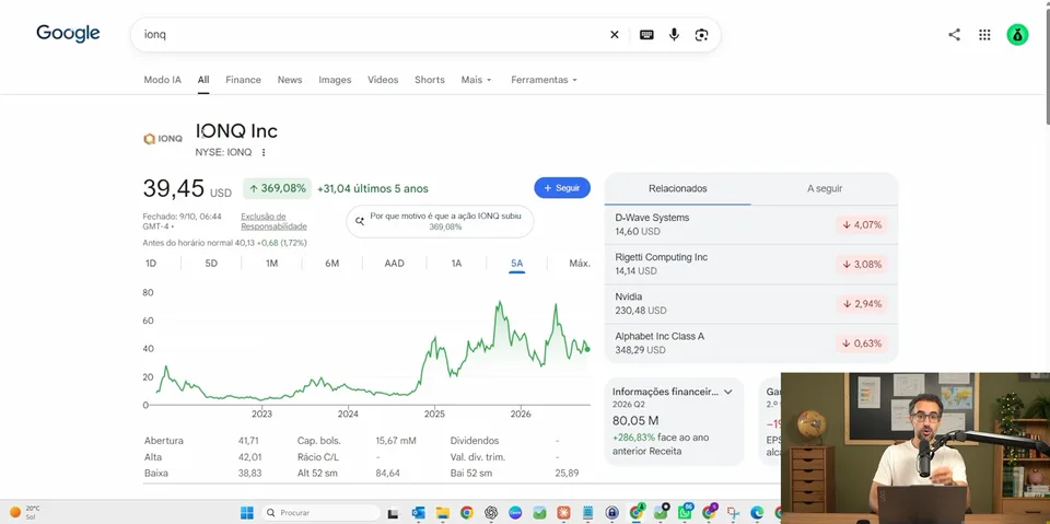 Pedro durante uma Análise Semanal do Clareza, com o gráfico e indicadores da IONQ no ecrã.