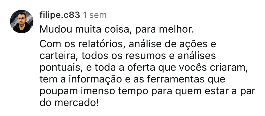 filipe.c83, no Instagram: mudou muita coisa, para melhor. Com os relatórios, a análise de ações e carteira, os resumos e as análises pontuais, tem a informação e as ferramentas que poupam imenso tempo para estar a par do mercado.