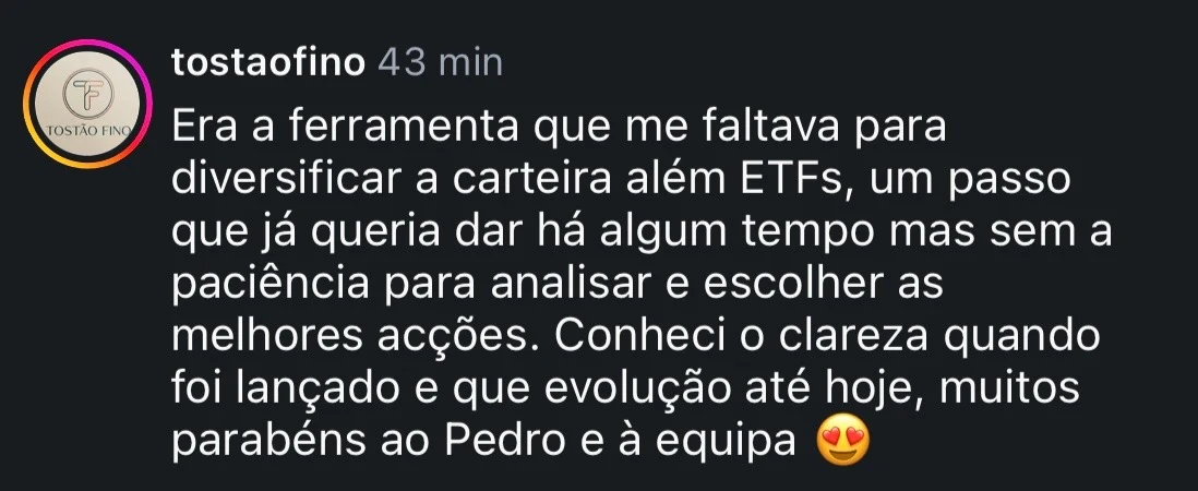 tostaofino, no Instagram: era a ferramenta que me faltava para diversificar a carteira além ETFs, um passo que já queria dar há algum tempo mas sem a paciência para analisar e escolher as melhores ações.